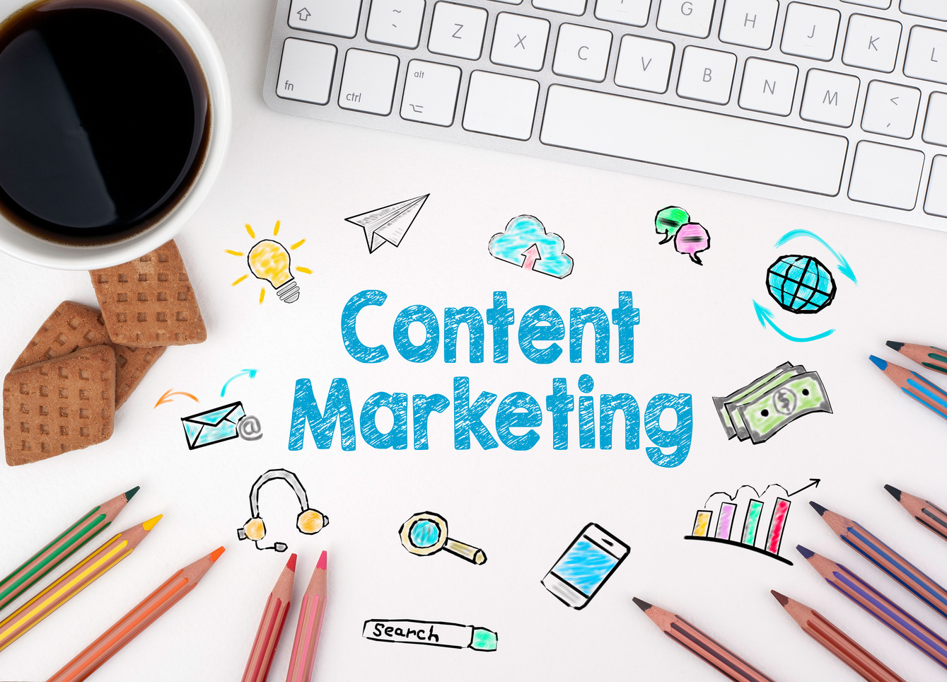 Content Marketing, Business concept. White office desk