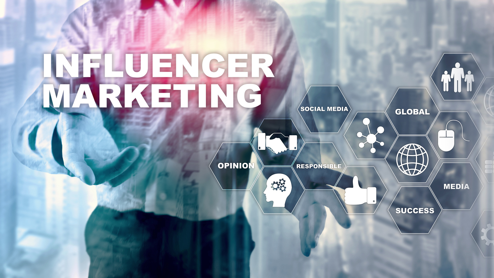 Influencer marketing concept in business. Technology, Internet and network. Abstract background mixed media