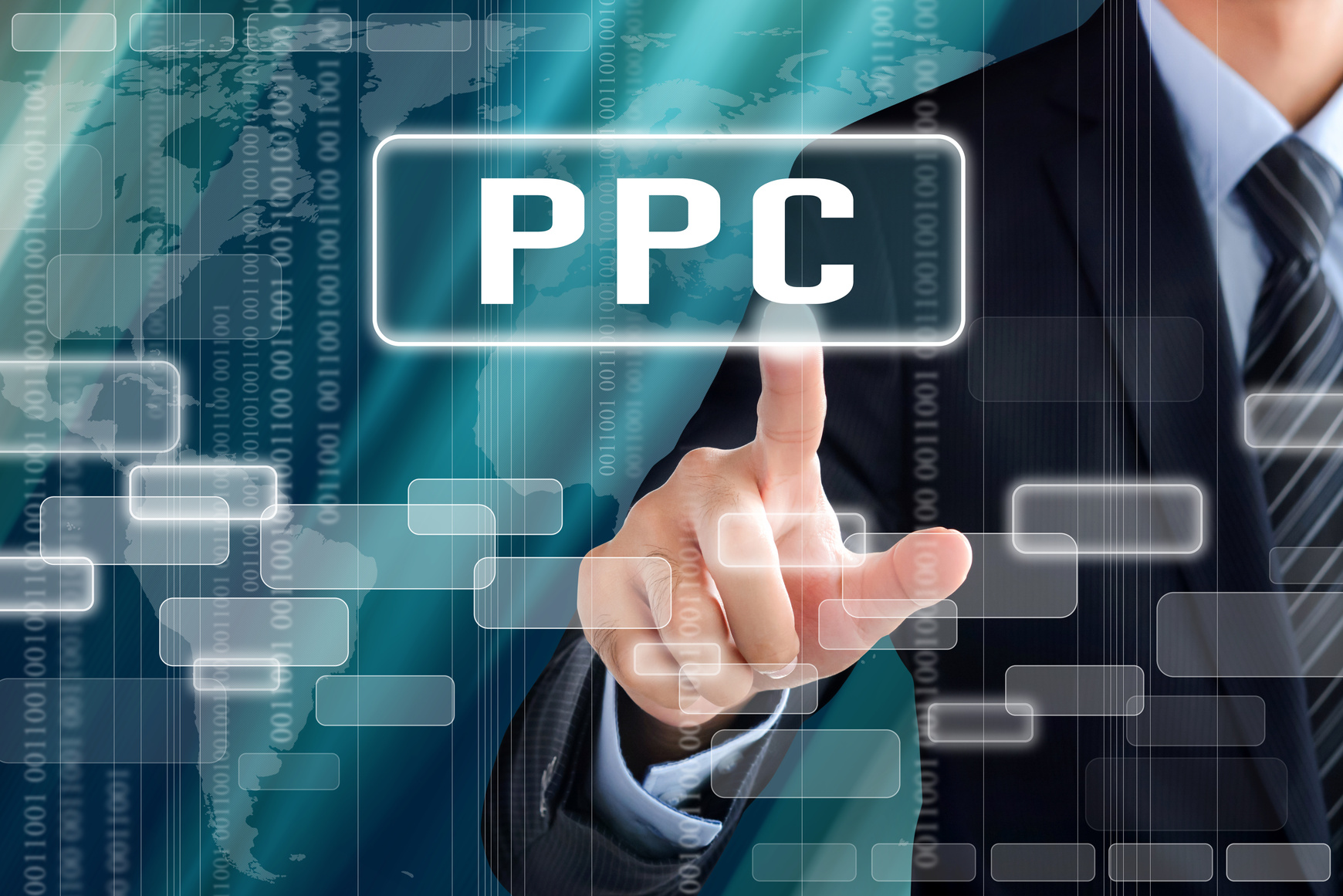 Businessman hand touching PPC (or Pay Per Click) sign